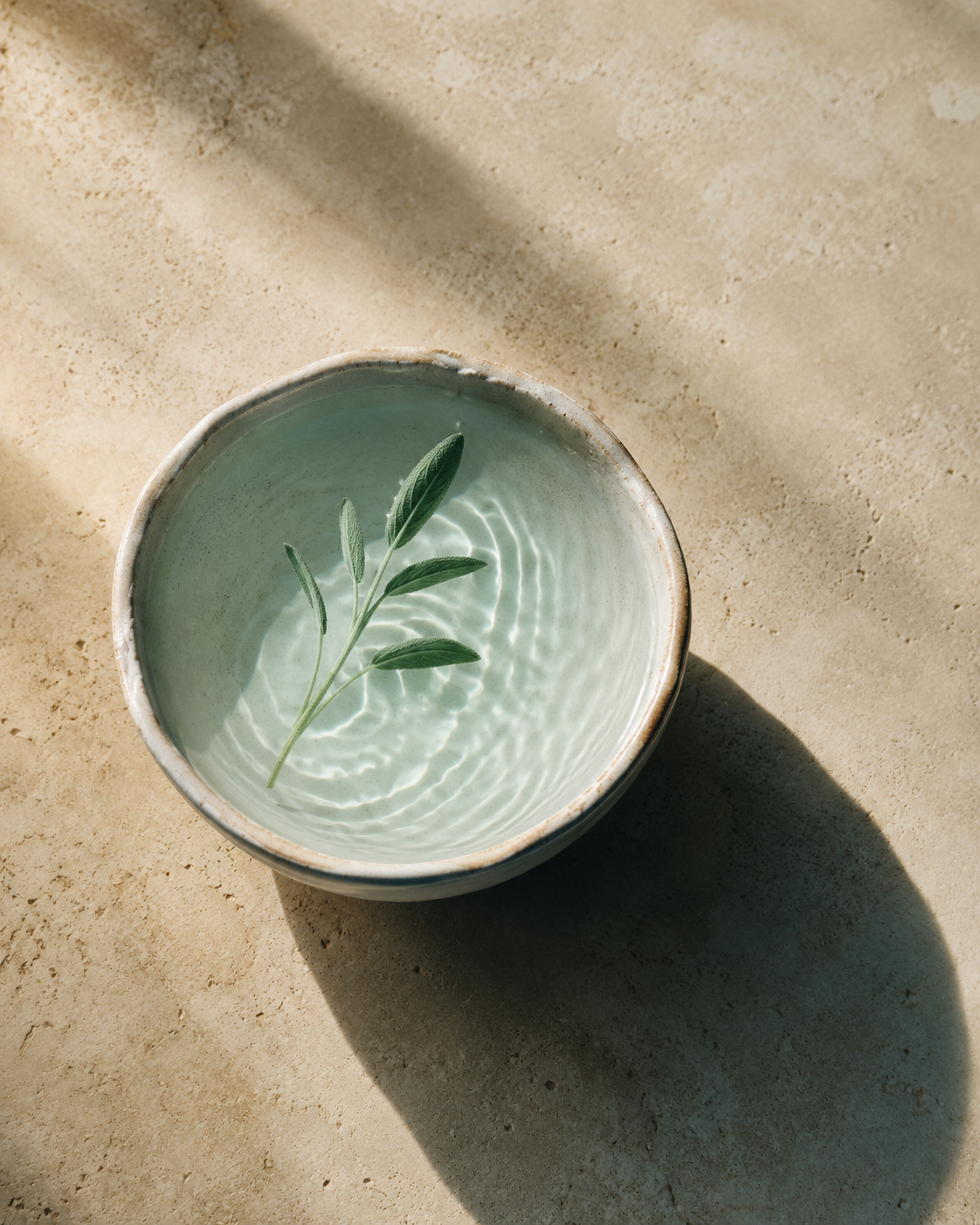 Cuenco de cerámica con agua y hojas de salvia bajo luz natural